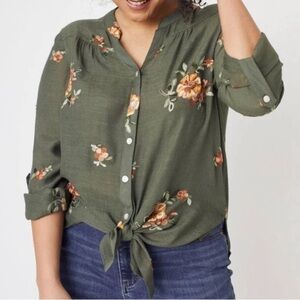 Fig and Flower Olive Green Embroidered Button Front Tunic Shirt Roll Tab Sleeves